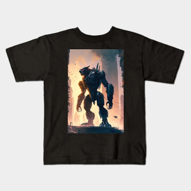 Giant futuristic robot cyborg monster attacking the city Kids T-Shirt by KoolArtDistrict